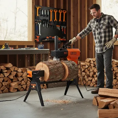 Boss Industrial 7 Ton Electric Log Splitter with logs and a person operating it