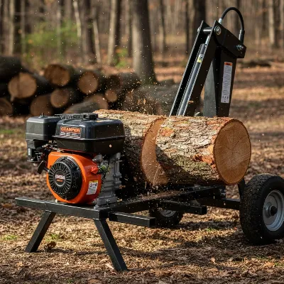 Champion 27 Ton Gas Log Splitter in action splitting a large log