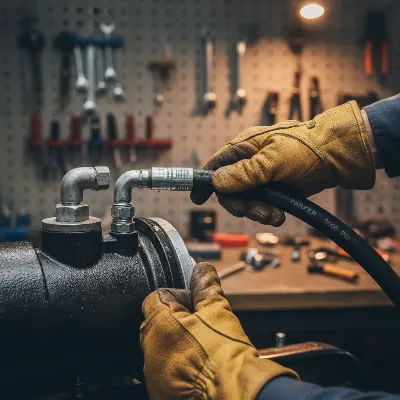 A close-up, detailed photo of a person checking the hydraulic hoses of a log splitter for cracks or wear during winterization.