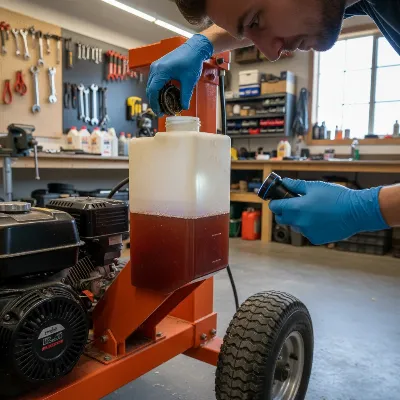 An individual carefully inspecting the hydraulic fluid reservoir of a log splitter.