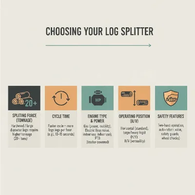 An illustrative infographic detailing key factors to consider when buying a log splitter: tonnage, cycle time, engine type, vertical/horizontal operation, and safety features. Each factor has a small icon next to it and a brief description, presented in a clean, modern style.