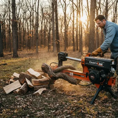 A CountyLine 25 Ton gas log splitter actively splitting a large log horizontally, with firewood piled nearby in an outdoor setting. The image should show the machine in action, with the operator wearing safety glasses and gloves, focusing on the hydraulic ram pushing the log against the wedge. The background features a forest edge, late afternoon sun, realistic style.