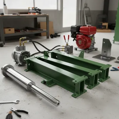 Essential components for building a custom hydraulic log splitter at home, laid out clearly