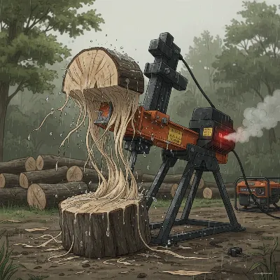 An electric log splitter struggling to split a round of wet elm wood, with stringy fibers resisting the wedge.