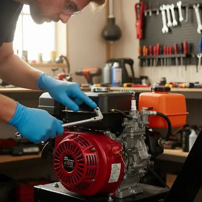 A technician inspecting the engine of a gas log splitter, checking the spark plug and fuel lines.