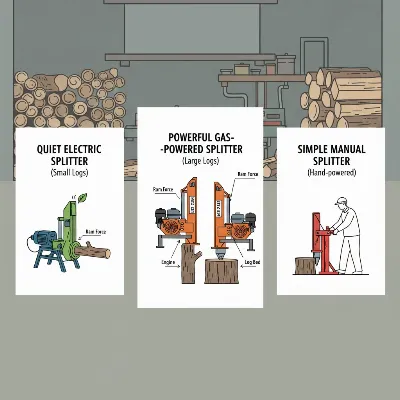 Various types of log splitters categorized by power source and orientation, highlighting the versatility of gas models
