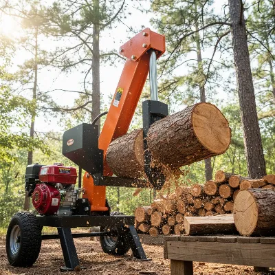 A powerful gas log splitter efficiently processing a large, knotty log in an outdoor setting, demonstrating its raw strength and utility for firewood preparation.