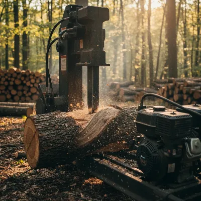 A powerful gas log splitter efficiently splitting a large oak log outdoors in a forest clearing.