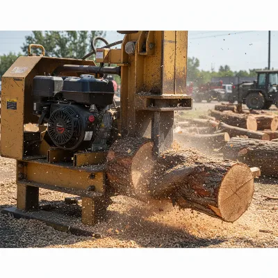 A powerful commercial log splitter with a large gas engine and heavy-duty frame, splitting a thick hardwood log in an outdoor setting, demonstrating its immense force and rugged construction. 