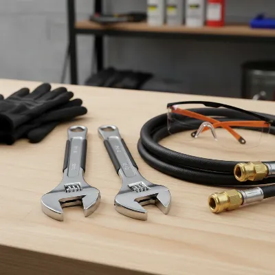 Essential tools for safe hydraulic hose replacement at home, including wrenches, gloves, and safety glasses on a workbench.