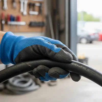 A hand inspecting a hydraulic hose for signs of wear, cracks, or leaks, emphasizing preventative maintenance.