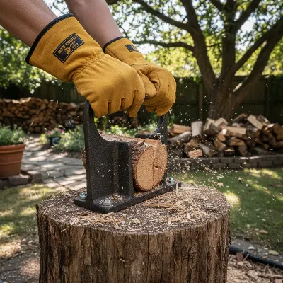 A person safely splitting a small log into kindling using a fixed-blade manual log splitter in a backyard setting.