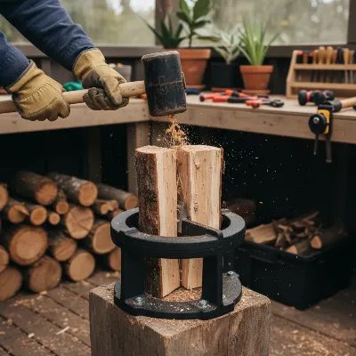 A person demonstrating safe use of the Kindling Cracker firewood splitter with a hammer on a log.