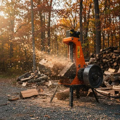 Kinetic log splitter rapidly splitting a large hardwood log with a powerful burst of energy.