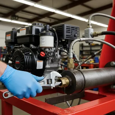 Close-up of a mechanic bleeding air from a log splitter's hydraulic cylinder by loosening a valve. 