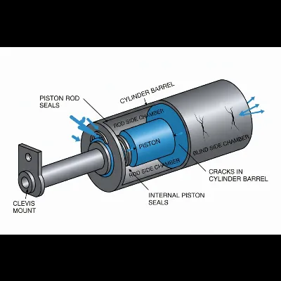 A diagram illustrating common leak points in a hydraulic log splitter cylinder, highlighting rod seals, piston seals, and barrel cracks.