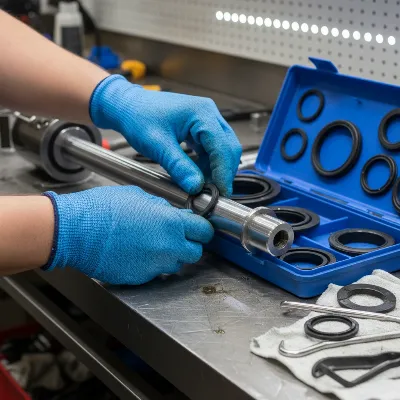 A technician replacing worn seals on a log splitter hydraulic cylinder using a seal kit and specialized tools in a clean workshop.