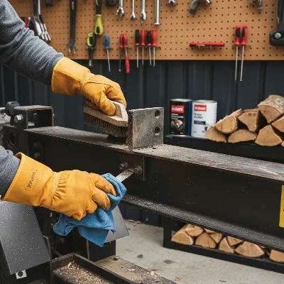 A person performing routine maintenance on a gas log splitter, cleaning the splitting wedge and beam to prevent rust and ensure smooth operation.