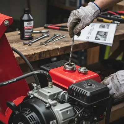 Close-up of a person performing maintenance on a log splitter, emphasizing safety and care