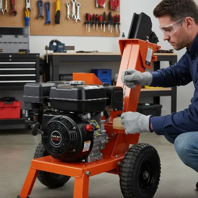 Person performing maintenance on a gas log splitter, emphasizing safety gear.