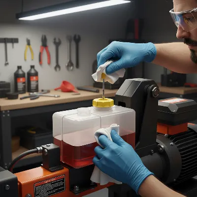 A person performing maintenance on an electric log splitter, emphasizing safety gear