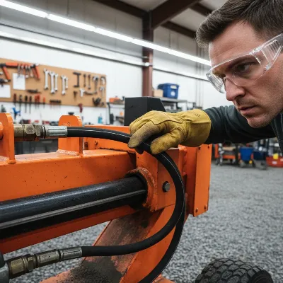 A person wearing essential safety gear while inspecting a log splitter's hydraulic system.