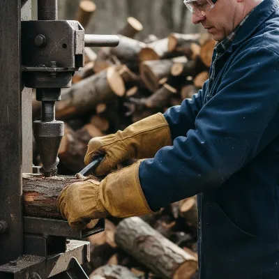 A person wearing proper safety gear while operating a log splitter, emphasizing eye and hand protection