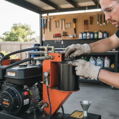 A person safely performing maintenance on a gas log splitter, emphasizing safety gear and proper care procedures.