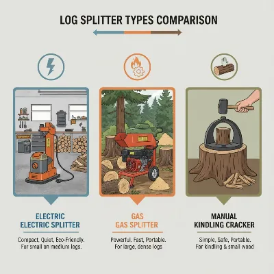 An illustrative comparison of different log splitter types: electric, gas, and manual, showing their distinct features and ideal uses.
