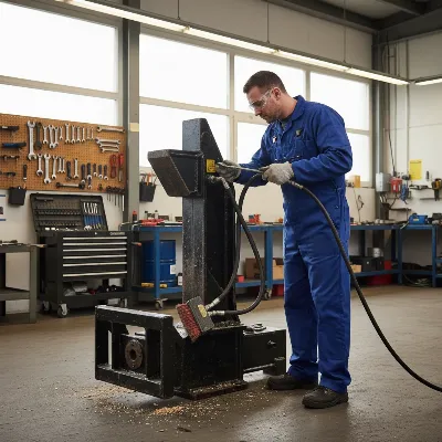 A technician performing routine maintenance on a skid steer log splitter attachment, checking hydraulic lines and cleaning components in a workshop setting, editorial style