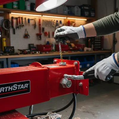 Close-up of a NorthStar log splitter's hydraulic system with a person performing maintenance, emphasizing fluid check and component inspection.