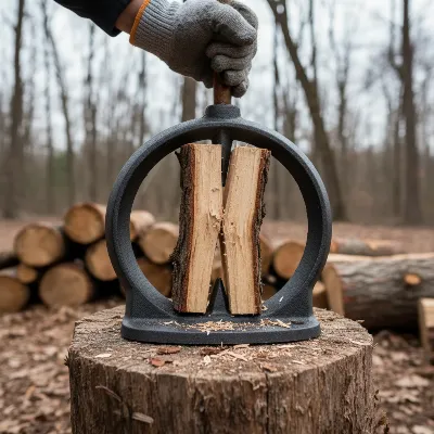 A manual log splitter, like a kindling cracker, efficiently splitting small logs into kindling in a rustic outdoor setting, focusing on the simple, effective mechanism.