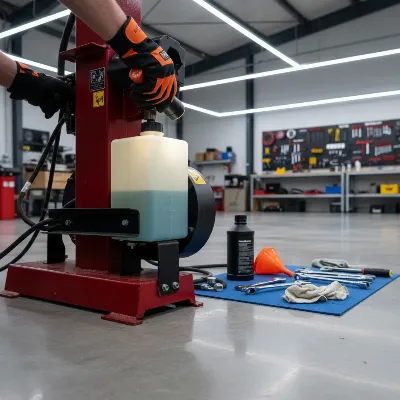 A person checking hydraulic fluid on a manual log splitter in a workshop setting.