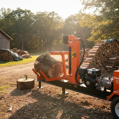 Powerful gas log splitter with hydraulic log lift handling a large log