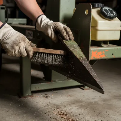 Person performing maintenance on a gas log splitter, ensuring the wedge is clean and hydraulic fluid is checked.