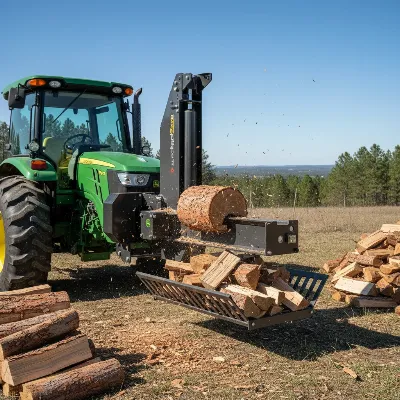 RuggedSplit 322-24-TR 3-point hitch log splitter attached to a tractor, splitting a large log horizontally with a catcher tray installed.