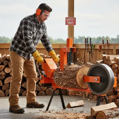 Person safely operating a kinetic log splitter with proper PPE, splitting firewood.