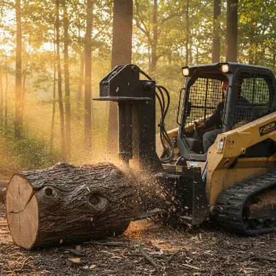 A powerful skid steer log splitter attachment splitting a large, knotty log in a wooded area, viewed from the side with the operator in the cab, realistic style