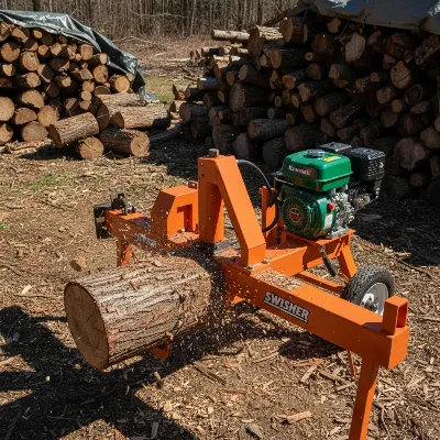 Swisher 34 Ton Commercial Gas Log Splitter splitting a large hardwood log horizontally