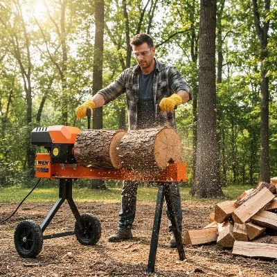 WEN 56207 Electric Log Splitter in action with an operator safely splitting a log