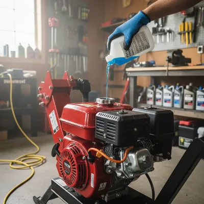 A gas log splitter engine being prepared for winter storage, with fuel stabilizer being added to the tank.